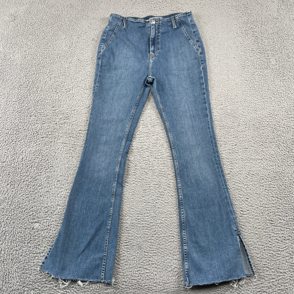 We The Free Jeans Womens 30 Blue Just Float On Flare Raw Hem Side Slit Stretch